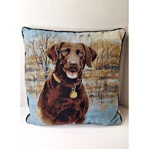 Vtg KILLEN Tapestry Throw Pillow "My Companion" Chocolate Lab Dog USA 17x17